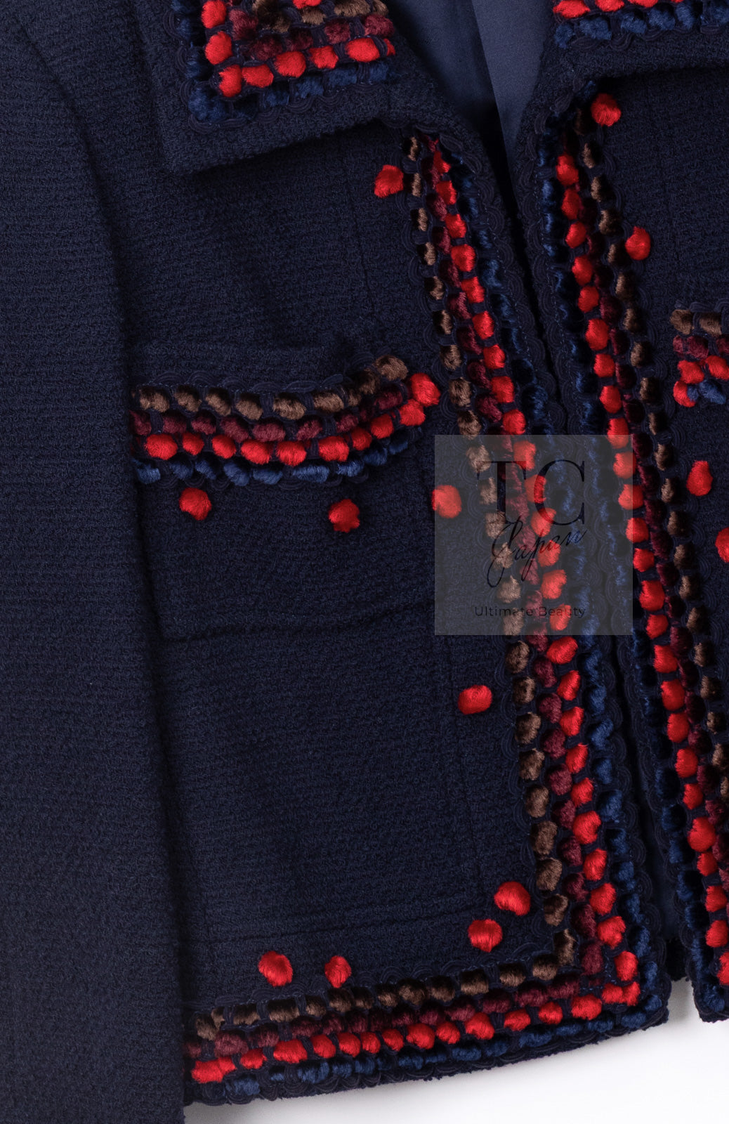 CHANEL 97A Vintage Navy Red Brown Pom Pom Embellishments Trim Wool Tweed Jacket 42 シャネル ヴィンテージ ネイビー レッド ブラウン ポンポン トリム ウール ツイード ジャケット 即発