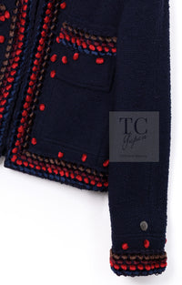 CHANEL 97A Vintage Navy Red Brown Pom Pom Embellishments Trim Wool Tweed Jacket 42 シャネル ヴィンテージ ネイビー レッド ブラウン ポンポン トリム ウール ツイード ジャケット 即発