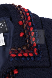 CHANEL 97A Vintage Navy Red Brown Pom Pom Embellishments Trim Wool Tweed Jacket 42 シャネル ヴィンテージ ネイビー レッド ブラウン ポンポン トリム ウール ツイード ジャケット 即発