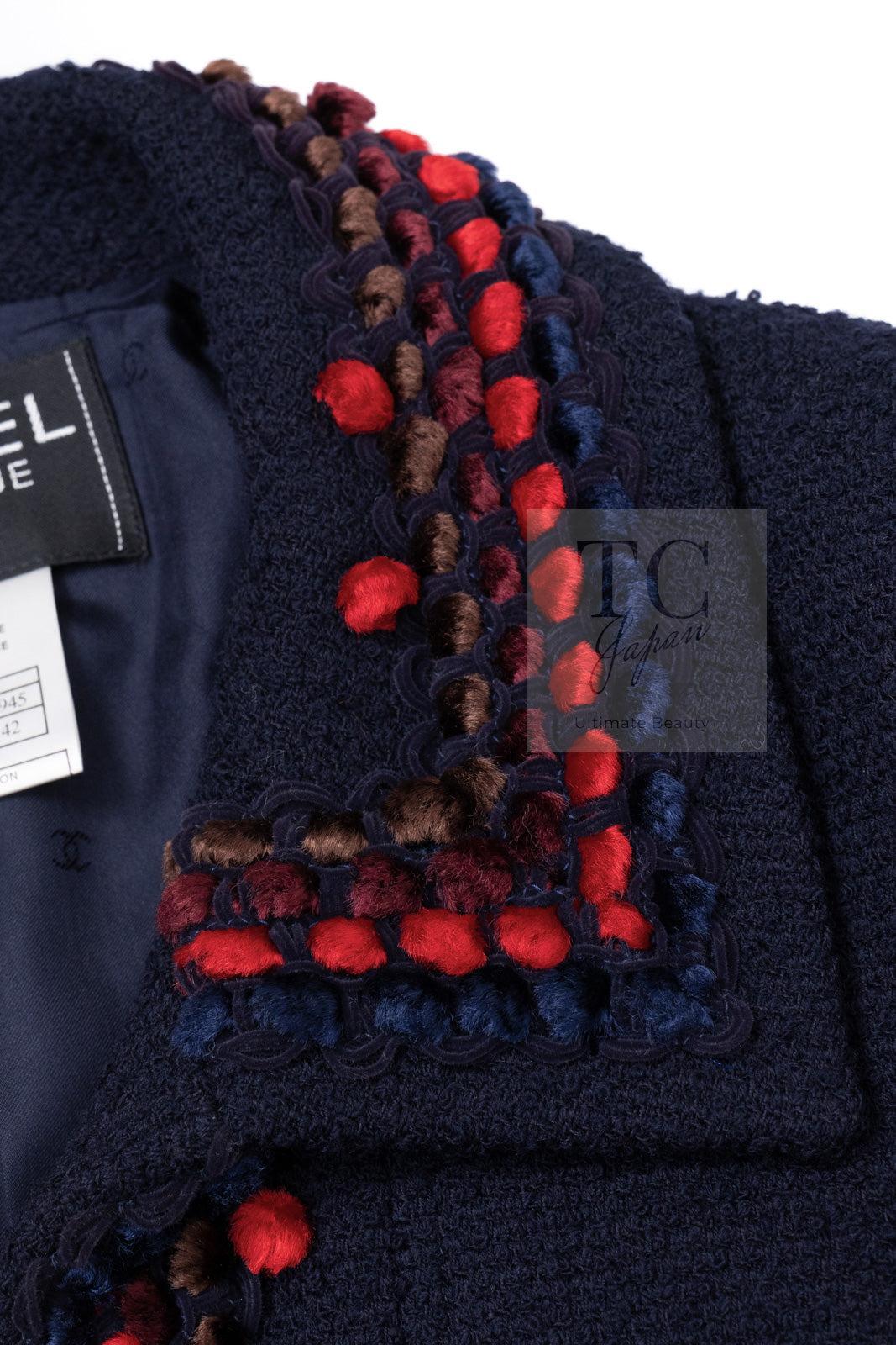 CHANEL 97A Vintage Navy Red Brown Pom Pom Embellishments Trim Wool Tweed Jacket 42 シャネル ヴィンテージ ネイビー レッド ブラウン ポンポン トリム ウール ツイード ジャケット 即発