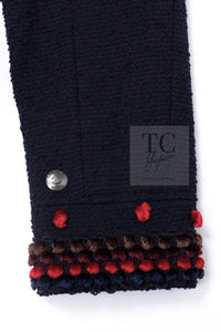 CHANEL 97A Vintage Navy Red Brown Pom Pom Embellishments Trim Wool Tweed Jacket 42 シャネル ヴィンテージ ネイビー レッド ブラウン ポンポン トリム ウール ツイード ジャケット 即発