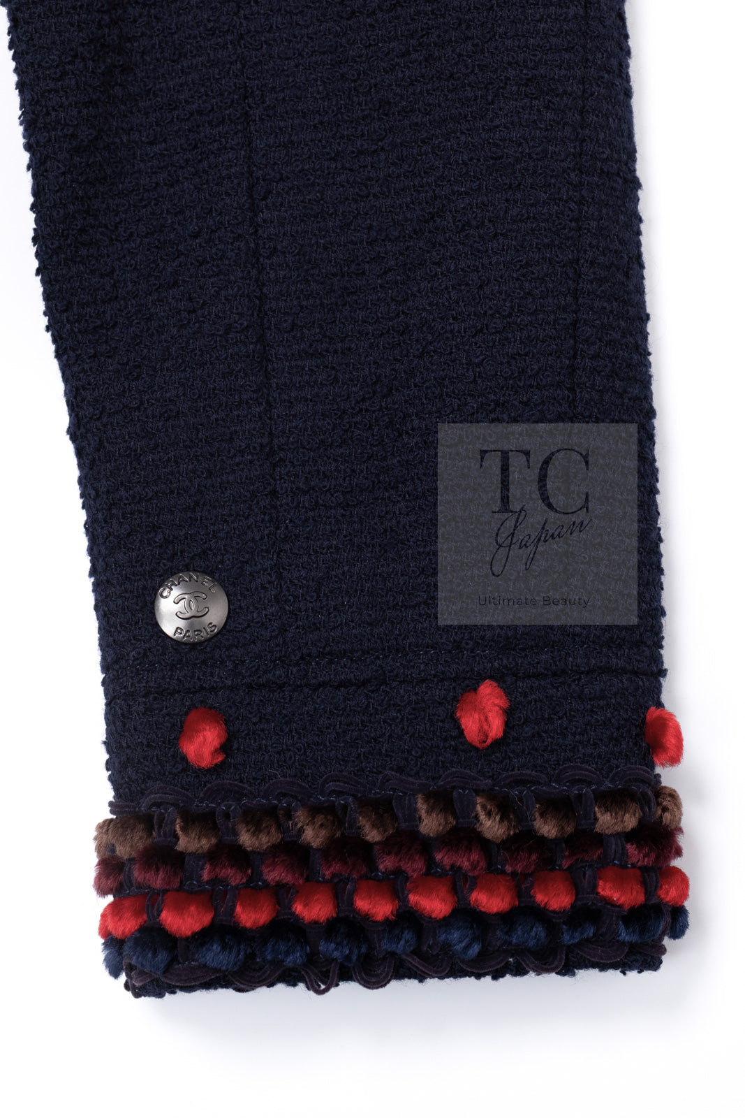 CHANEL 97A Vintage Navy Red Brown Pom Pom Embellishments Trim Wool Tweed Jacket 42 シャネル ヴィンテージ ネイビー レッド ブラウン ポンポン トリム ウール ツイード ジャケット 即発