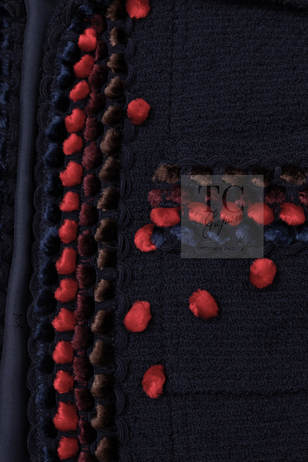 CHANEL 97A Vintage Navy Red Brown Pom Pom Embellishments Trim Wool Tweed Jacket 42 シャネル ヴィンテージ ネイビー レッド ブラウン ポンポン トリム ウール ツイード ジャケット 即発