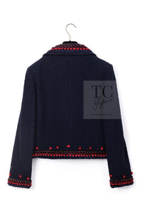 CHANEL 97A Vintage Navy Red Brown Pom Pom Embellishments Trim Wool Tweed Jacket 42 シャネル ヴィンテージ ネイビー レッド ブラウン ポンポン トリム ウール ツイード ジャケット 即発