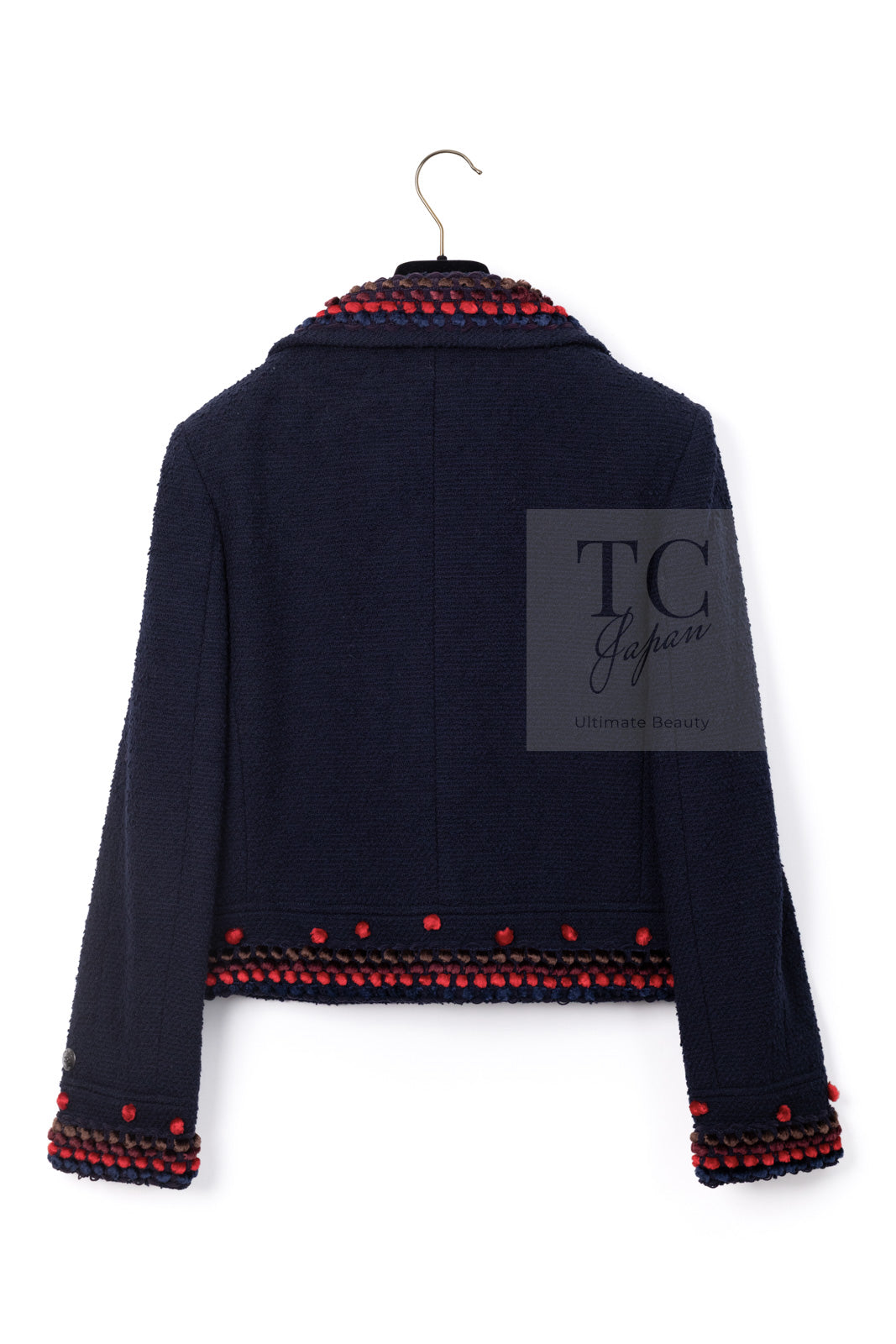 CHANEL 97A Vintage Navy Red Brown Pom Pom Embellishments Trim Wool Tweed Jacket 42 シャネル ヴィンテージ ネイビー レッド ブラウン ポンポン トリム ウール ツイード ジャケット 即発