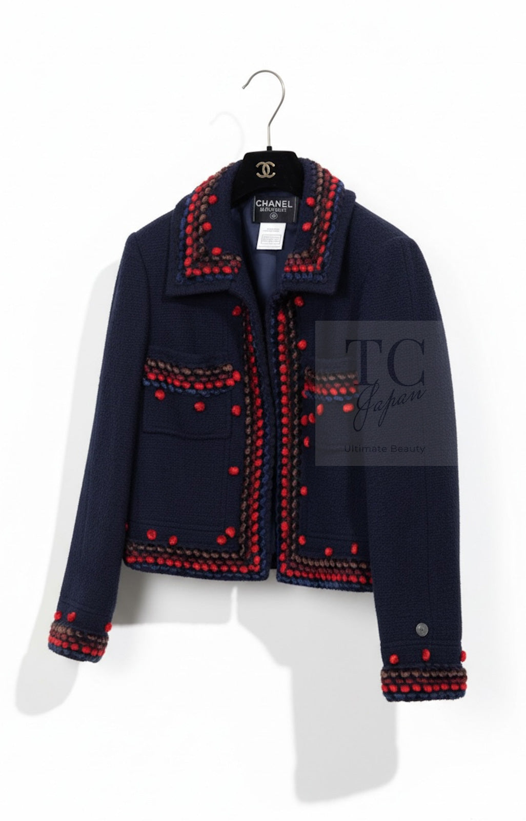 CHANEL 97A Vintage Navy Red Brown Pom Pom Embellishments Trim Wool Tweed Jacket 42 シャネル ヴィンテージ ネイビー レッド ブラウン ポンポン トリム ウール ツイード ジャケット 即発
