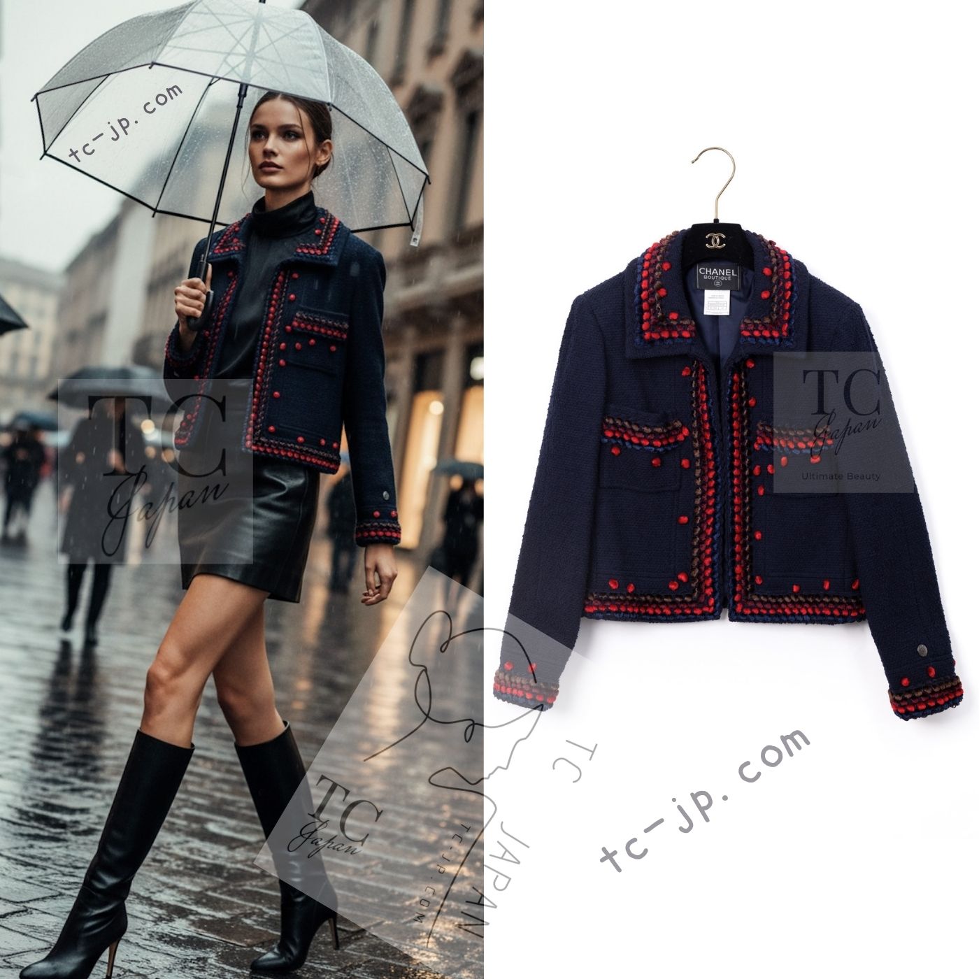 CHANEL 97A Vintage Navy Red Brown Pom Pom Embellishments Trim Wool Tweed Jacket 42 シャネル ヴィンテージ ネイビー レッド ブラウン ポンポン トリム ウール ツイード ジャケット 即発