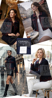 CHANEL 97A Vintage Navy Red Brown Pom Pom Embellishments Trim Wool Tweed Jacket 42 シャネル ヴィンテージ ネイビー レッド ブラウン ポンポン トリム ウール ツイード ジャケット 即発