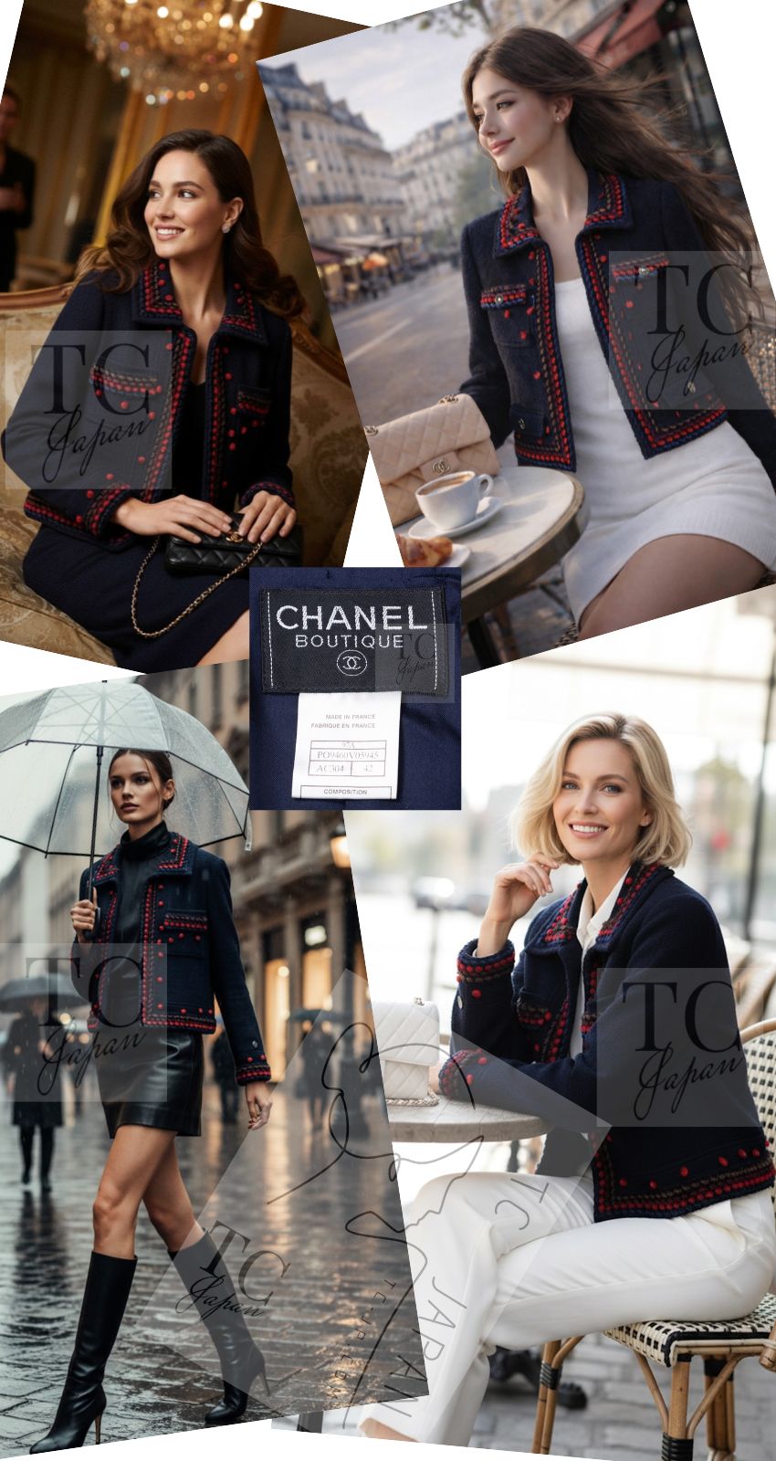 CHANEL 97A Vintage Navy Red Brown Pom Pom Embellishments Trim Wool Tweed Jacket 42 シャネル ヴィンテージ ネイビー レッド ブラウン ポンポン トリム ウール ツイード ジャケット 即発