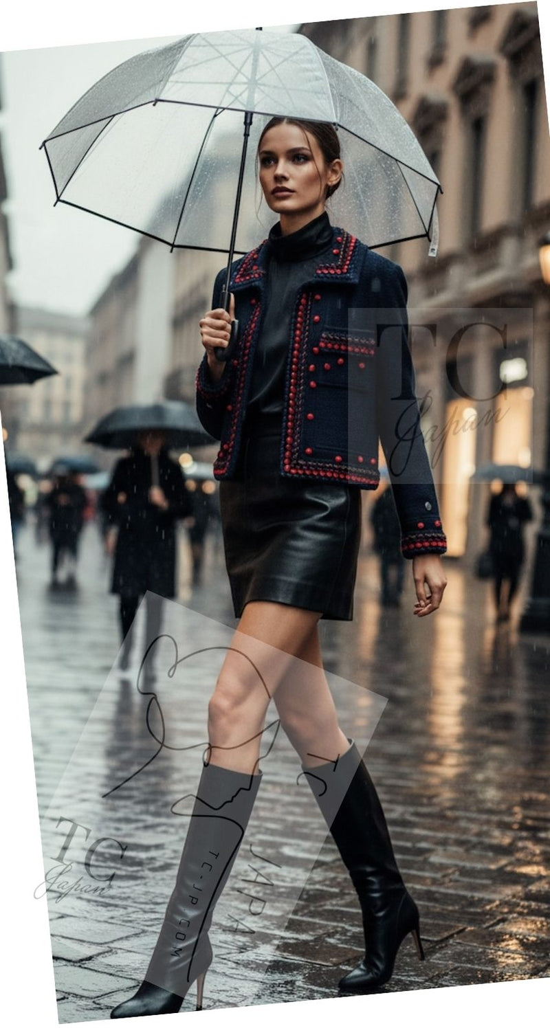 CHANEL 97A Vintage Navy Red Brown Pom Pom Embellishments Trim Wool Tweed Jacket 42 シャネル ヴィンテージ ネイビー レッド ブラウン ポンポン トリム ウール ツイード ジャケット 即発