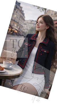 CHANEL 97A Vintage Navy Red Brown Pom Pom Embellishments Trim Wool Tweed Jacket 42 シャネル ヴィンテージ ネイビー レッド ブラウン ポンポン トリム ウール ツイード ジャケット 即発