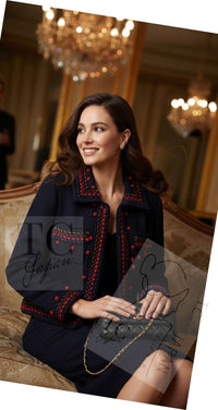 CHANEL 97A Vintage Navy Red Brown Pom Pom Embellishments Trim Wool Tweed Jacket 42 シャネル ヴィンテージ ネイビー レッド ブラウン ポンポン トリム ウール ツイード ジャケット 即発