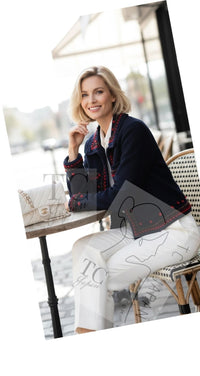 CHANEL 97A Vintage Navy Red Brown Pom Pom Embellishments Trim Wool Tweed Jacket 42 シャネル ヴィンテージ ネイビー レッド ブラウン ポンポン トリム ウール ツイード ジャケット 即発