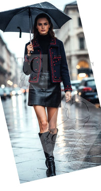 CHANEL 97A Vintage Navy Red Brown Pom Pom Embellishments Trim Wool Tweed Jacket 42 シャネル ヴィンテージ ネイビー レッド ブラウン ポンポン トリム ウール ツイード ジャケット 即発