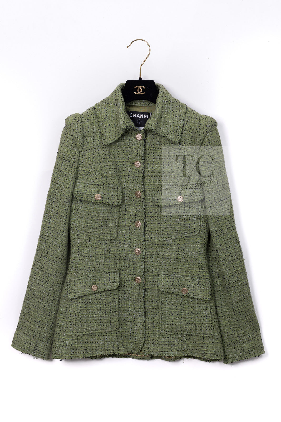 CHANEL 08C Green Cotton Silk Linen Tweed Jacket 38 シャネル グリーン コットン シルク リネン 麻 ツイード ジャケット 即発