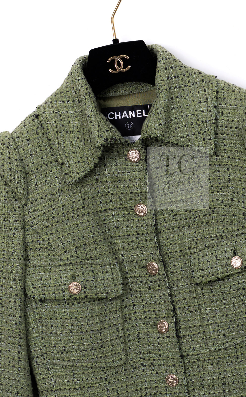 CHANEL 08C Green Cotton Silk Linen Tweed Jacket 38 シャネル グリーン コットン シルク リネン 麻 ツイード ジャケット 即発