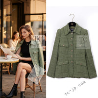 CHANEL 08C Green Cotton Silk Linen Tweed Jacket 38 シャネル グリーン コットン シルク リネン 麻 ツイード ジャケット 即発