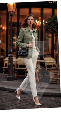 CHANEL 08C Green Cotton Silk Linen Tweed Jacket 38 シャネル グリーン コットン シルク リネン 麻 ツイード ジャケット 即発