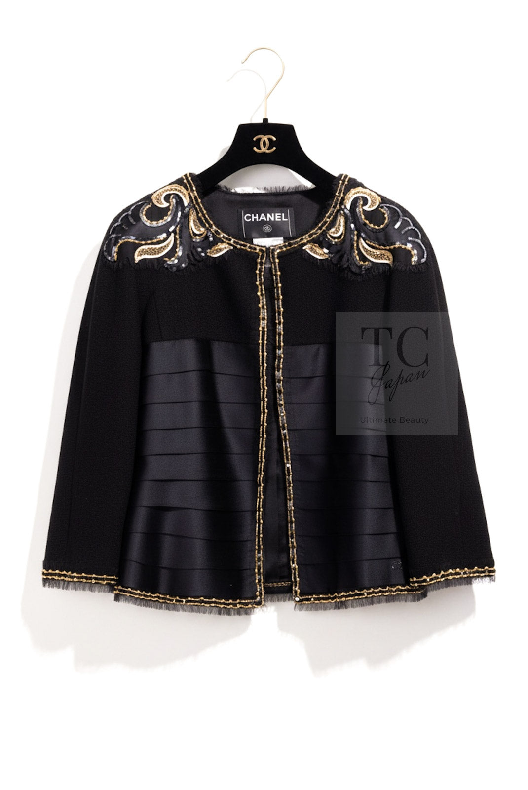 CHANEL 06A Black Beaded Sequin Embellishments Lesage Wool Silk Collarless Jacket 40 42 シャネル ブラック ビーズ スパンコール ルサージュ ウール シルク ジャケット 即発