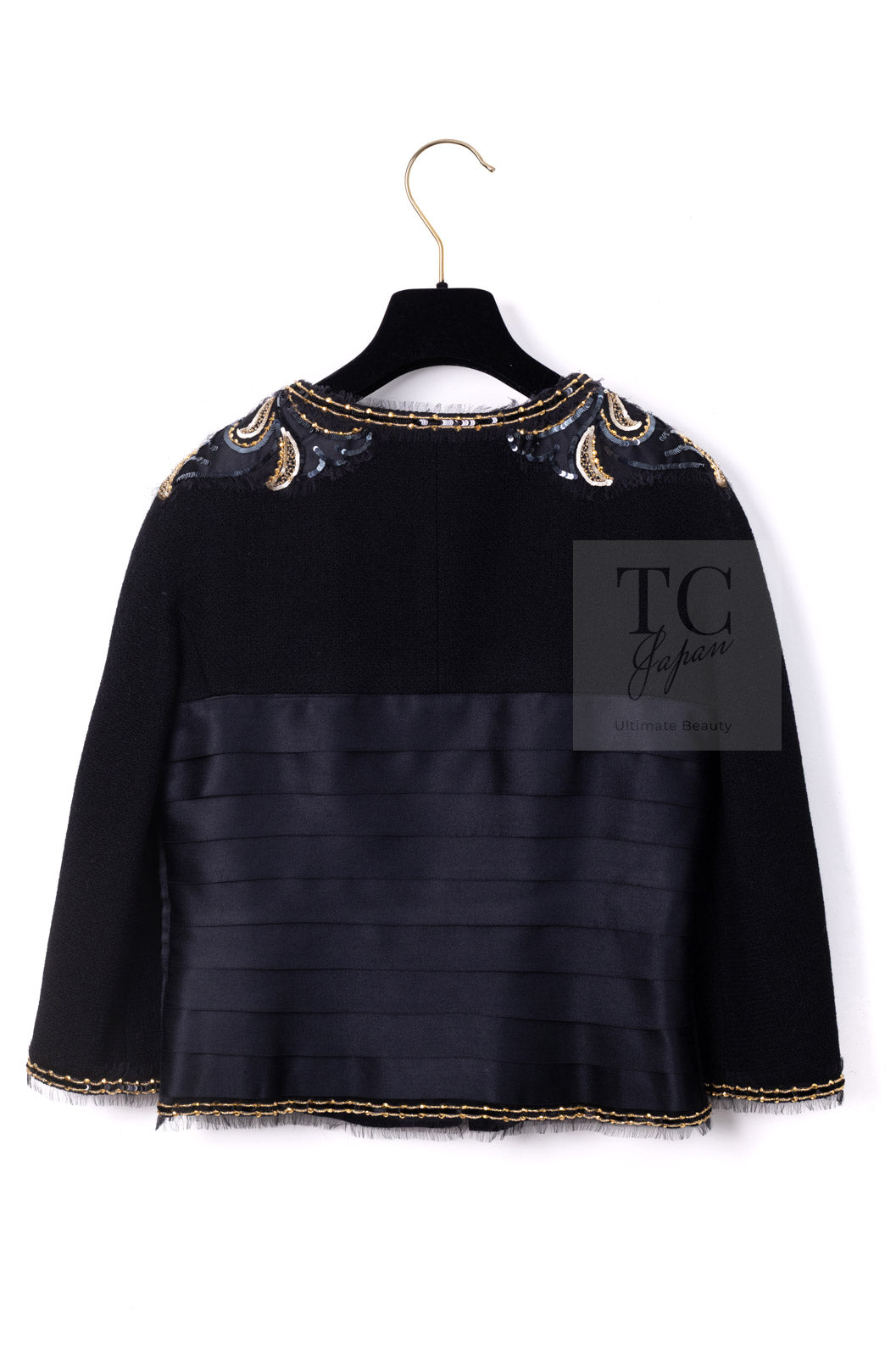 CHANEL 06A Black Beaded Sequin Embellishments Lesage Wool Silk Collarless Jacket 40 42 シャネル ブラック ビーズ スパンコール ルサージュ ウール シルク ジャケット 即発
