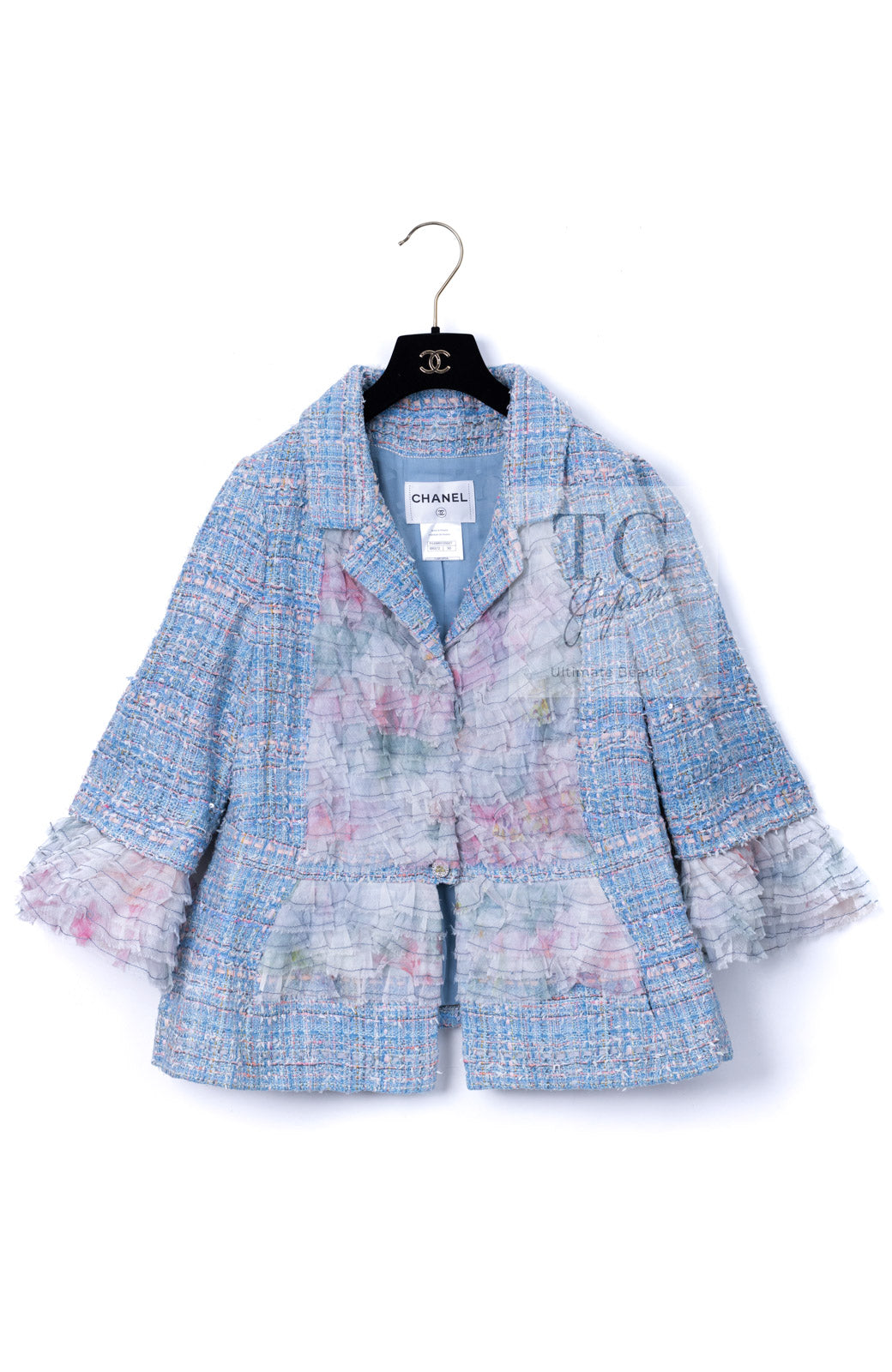 CHANEL 13C Blue Pink Ruffle Lace Lesage Tweed Jacket Skirt Suit 50 シャネル ブルー ピンク ラッフル レース ルサージュ ツイード ジャケット スカート スーツ 即発