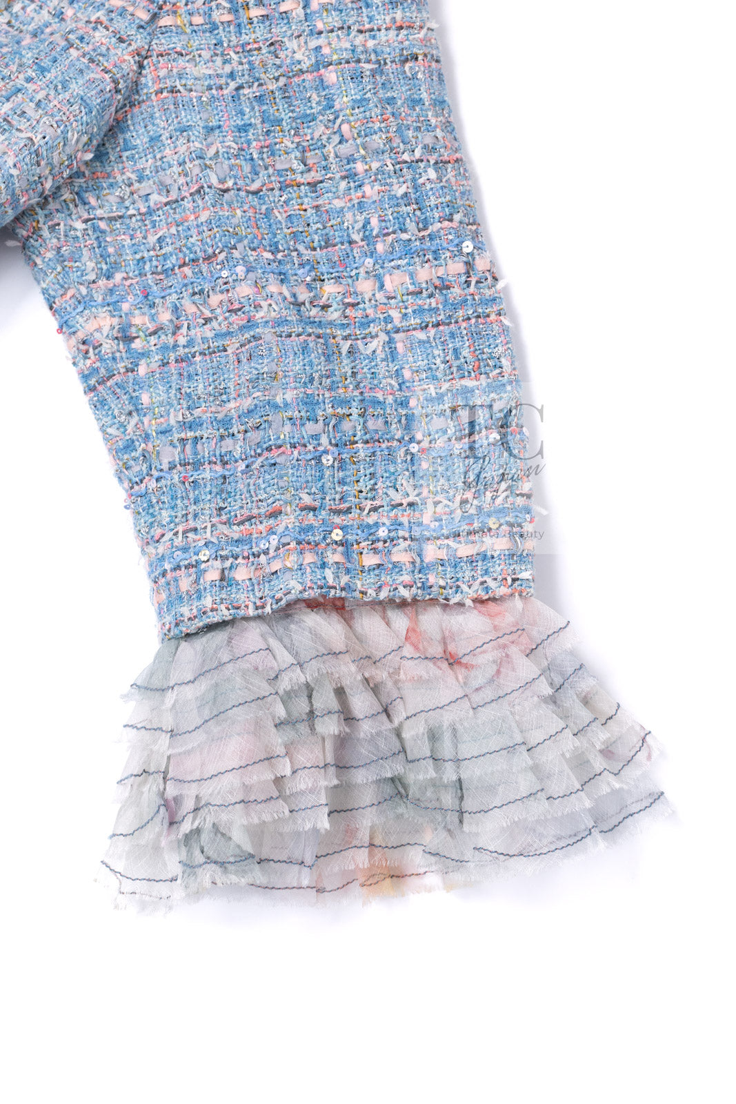 CHANEL 13C Blue Pink Ruffle Lace Lesage Tweed Jacket Skirt Suit 50 シャネル ブルー ピンク ラッフル レース ルサージュ ツイード ジャケット スカート スーツ 即発