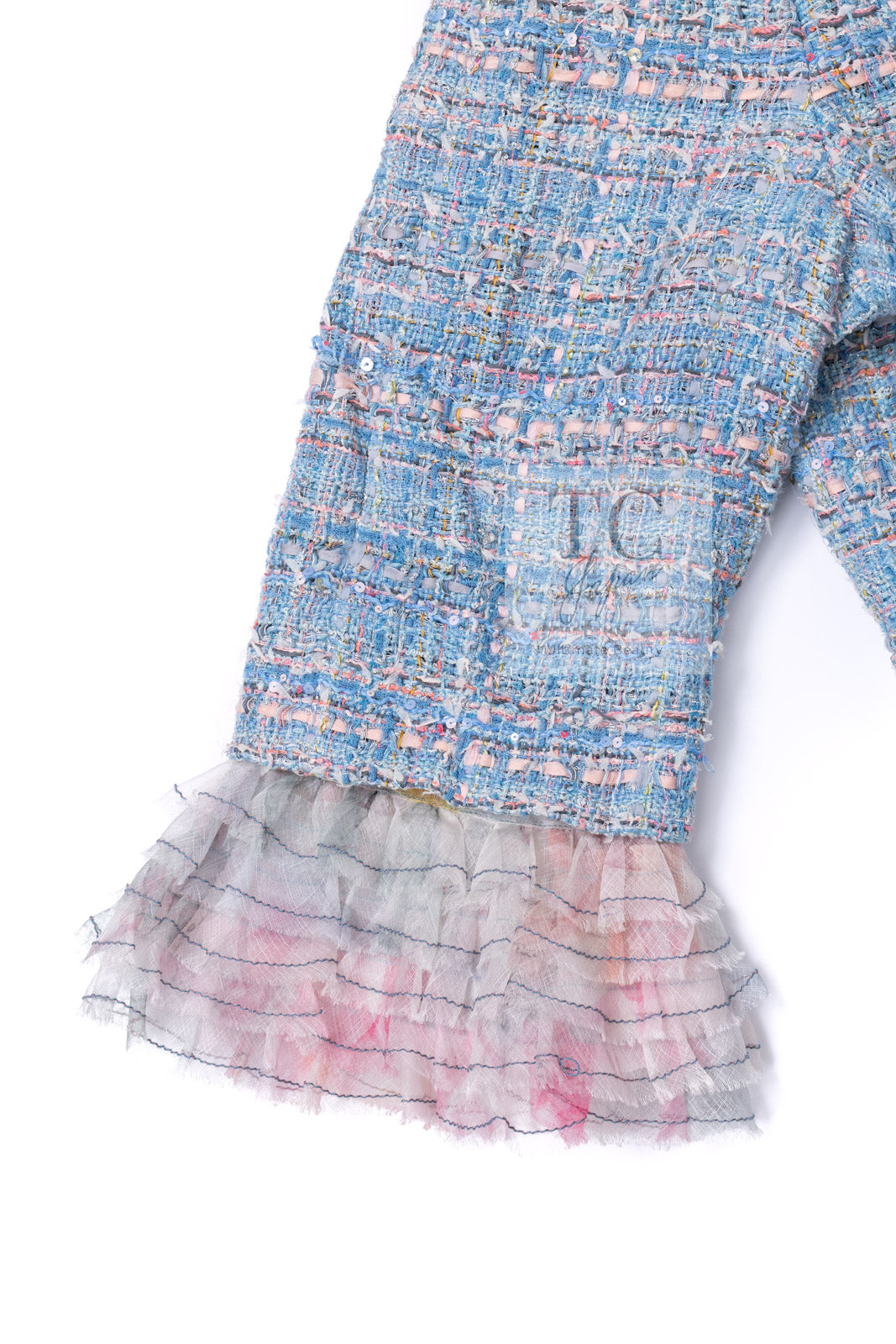 CHANEL 13C Blue Pink Ruffle Lace Lesage Tweed Jacket Skirt Suit 50 シャネル ブルー ピンク ラッフル レース ルサージュ ツイード ジャケット スカート スーツ 即発