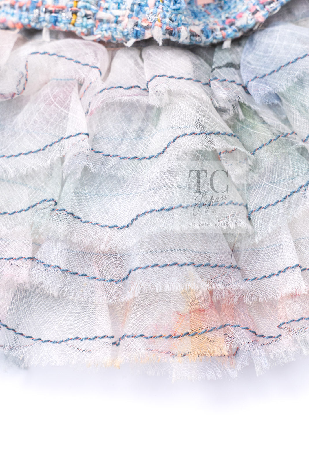 CHANEL 13C Blue Pink Ruffle Lace Lesage Tweed Jacket Skirt Suit 50 シャネル ブルー ピンク ラッフル レース ルサージュ ツイード ジャケット スカート スーツ 即発