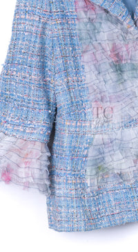CHANEL 13C Blue Pink Ruffle Lace Lesage Tweed Jacket Skirt Suit 50 シャネル ブルー ピンク ラッフル レース ルサージュ ツイード ジャケット スカート スーツ 即発