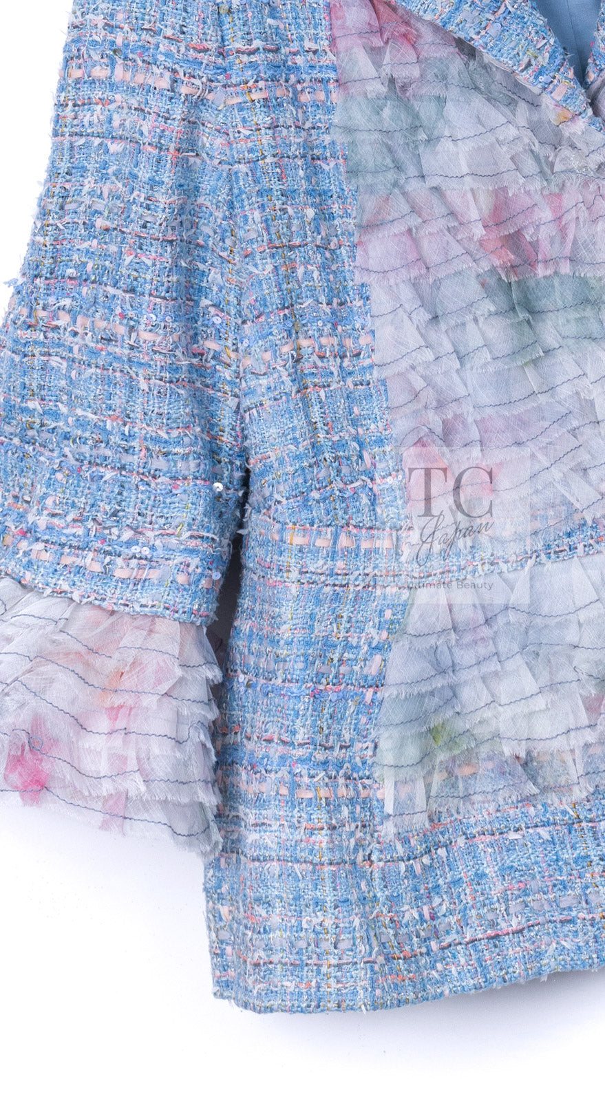 CHANEL 13C Blue Pink Ruffle Lace Lesage Tweed Jacket Skirt Suit 50 シャネル ブルー ピンク ラッフル レース ルサージュ ツイード ジャケット スカート スーツ 即発