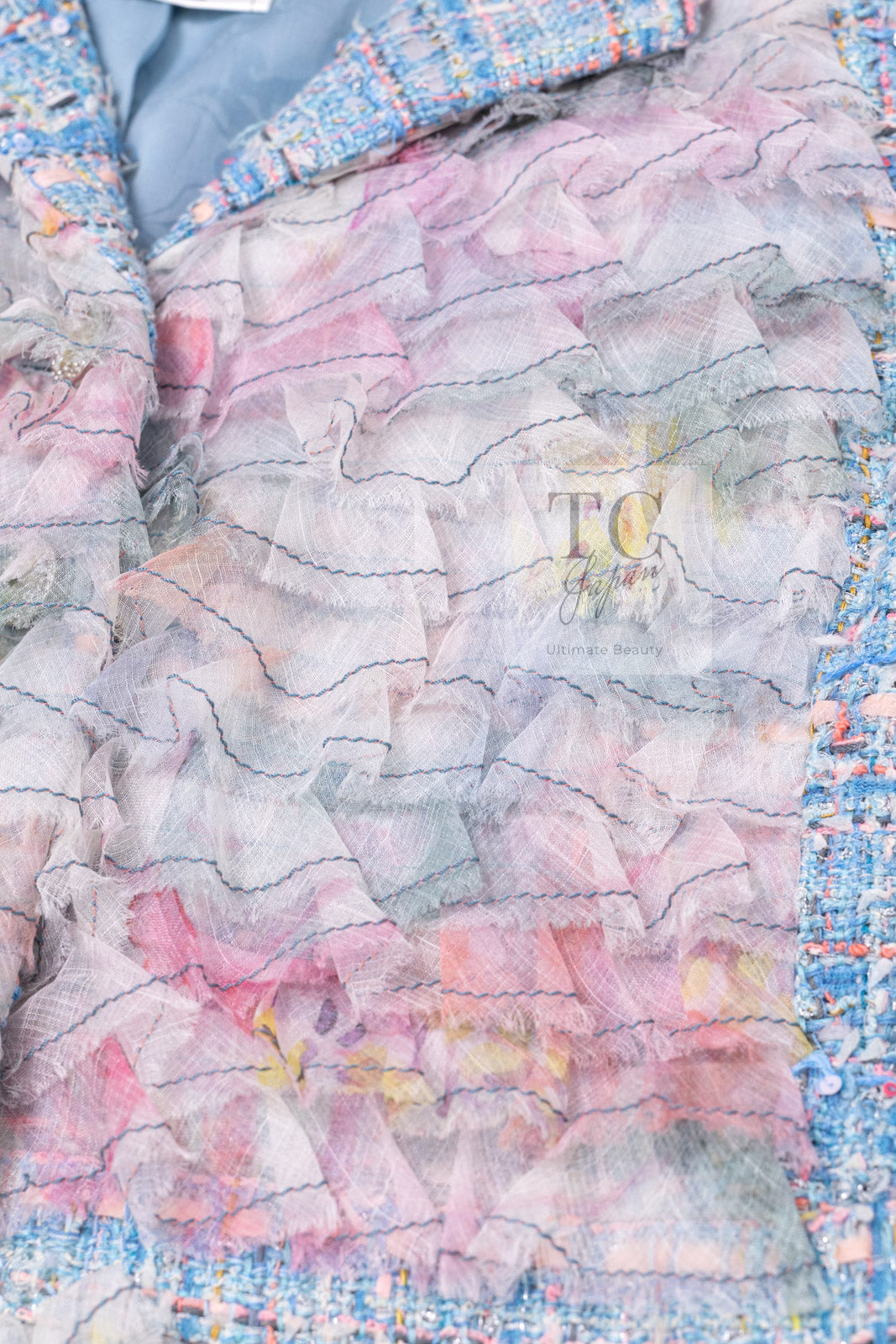 CHANEL 13C Blue Pink Ruffle Lace Lesage Tweed Jacket Skirt Suit 50 シャネル ブルー ピンク ラッフル レース ルサージュ ツイード ジャケット スカート スーツ 即発