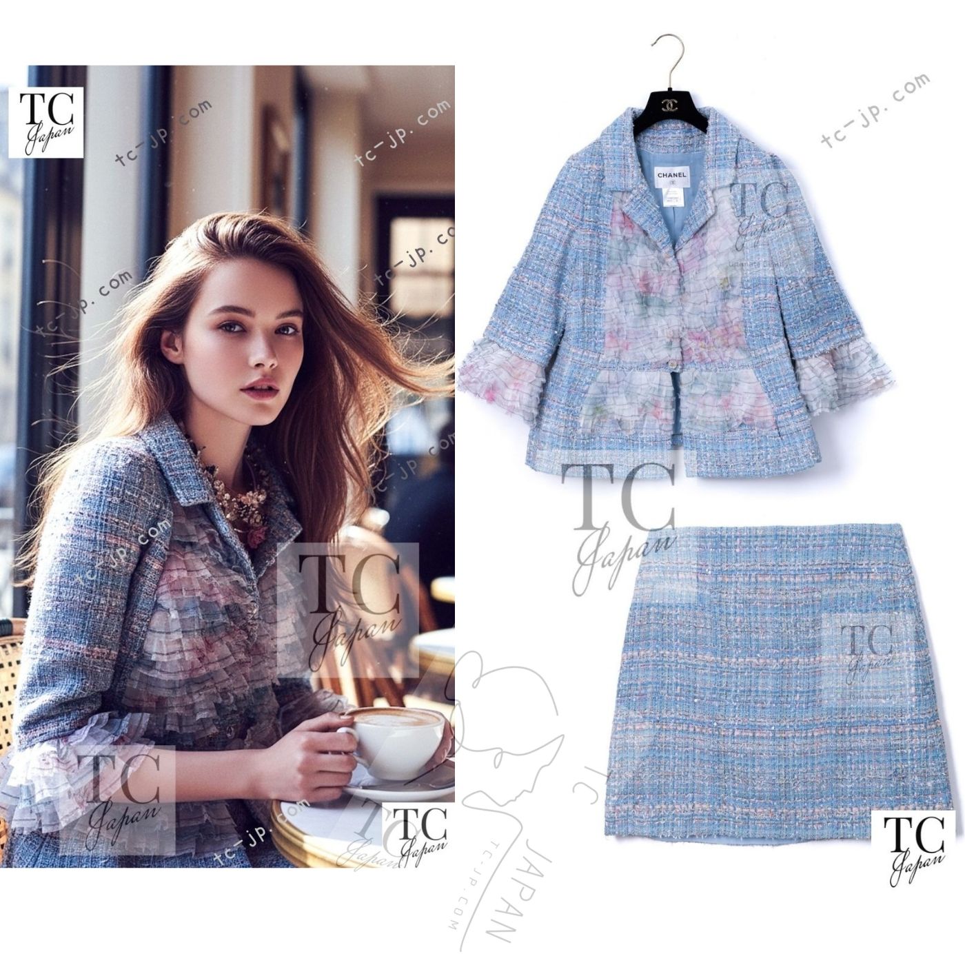 CHANEL 13C Blue Pink Ruffle Lace Lesage Tweed Jacket Skirt Suit 50 シャネル ブルー ピンク ラッフル レース ルサージュ ツイード ジャケット スカート スーツ 即発
