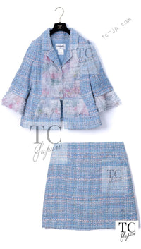 CHANEL 13C Blue Pink Ruffle Lace Lesage Tweed Jacket Skirt Suit 50 シャネル ブルー ピンク ラッフル レース ルサージュ ツイード ジャケット スカート スーツ 即発