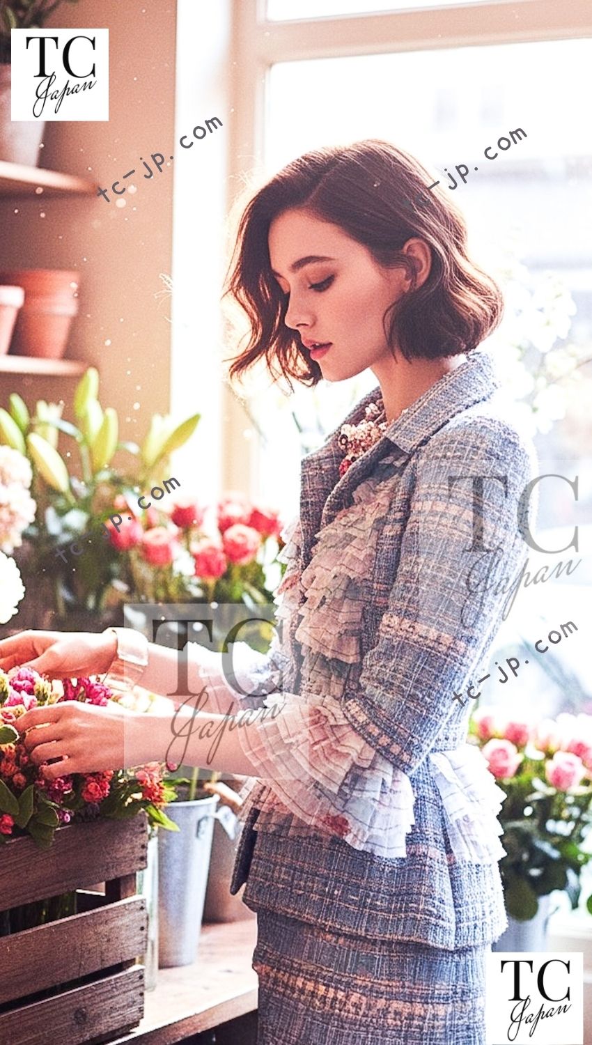 CHANEL 13C Blue Pink Ruffle Lace Lesage Tweed Jacket Skirt Suit 50 シャネル ブルー ピンク ラッフル レース ルサージュ ツイード ジャケット スカート スーツ 即発 - TC JAPAN