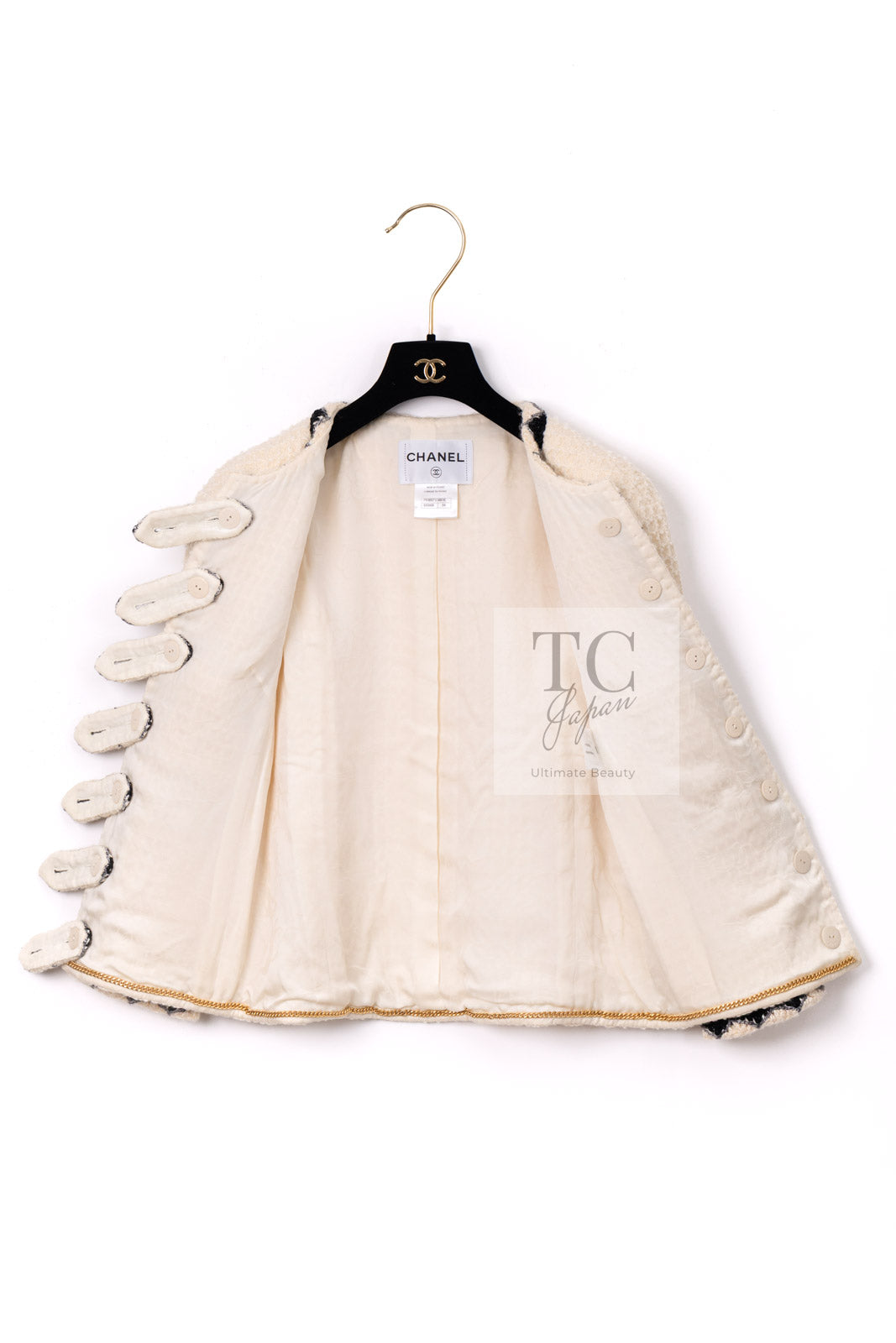 シャネル ジャケット CHANEL クリーム ウール ノーカラー ツイード