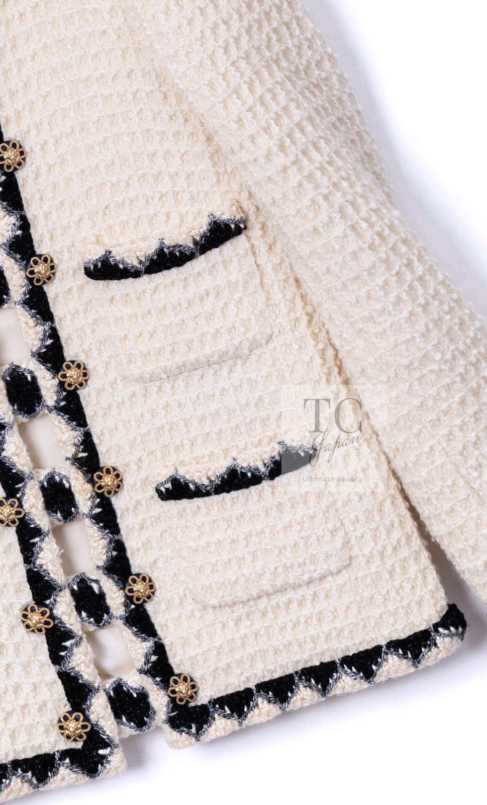 CHANEL 15PF Cream Wool Collarless Tweed Jacket 34 シャネル クリーム ウール ノーカラー ツイード ジャケット 即発