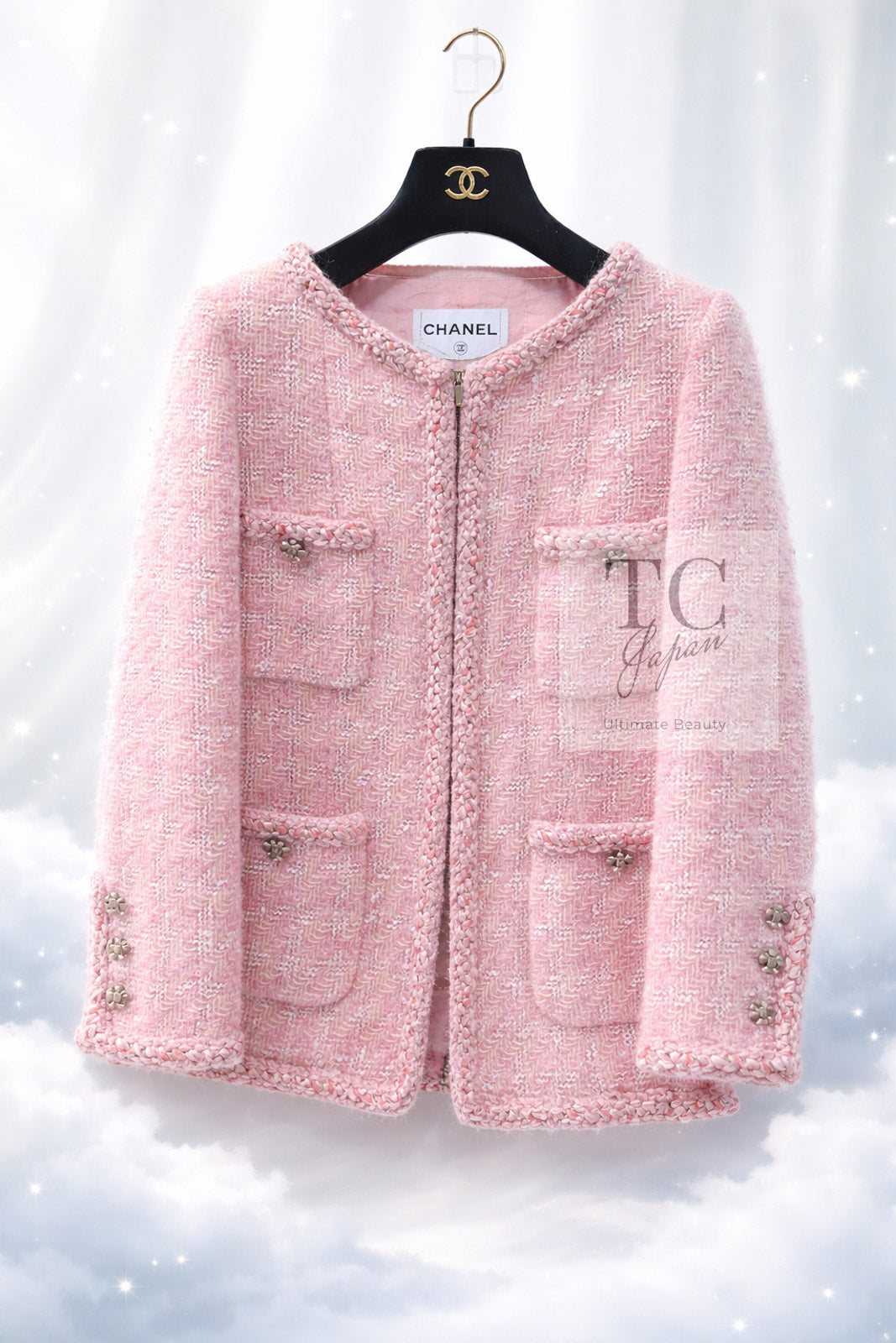 CHANEL 14A Pink White Wool Mohair Zipper Collarless Tweed Jacket 34 シャネル ピンク ホワイト ウール モヘア ジッパー ノーカラー ツイード ジャケット 即発