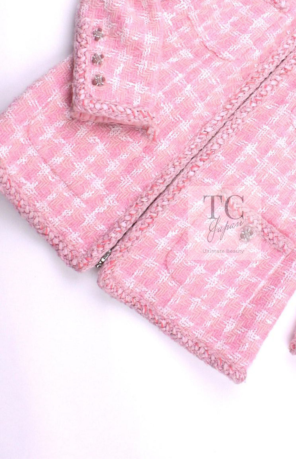 CHANEL 14A Pink White Wool Mohair Zipper Collarless Tweed Jacket 34 シャネル ピンク ホワイト ウール モヘア ジッパー ノーカラー ツイード ジャケット 即発