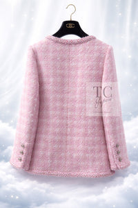 CHANEL 14A Pink White Wool Mohair Zipper Collarless Tweed Jacket 34 シャネル ピンク ホワイト ウール モヘア ジッパー ノーカラー ツイード ジャケット 即発