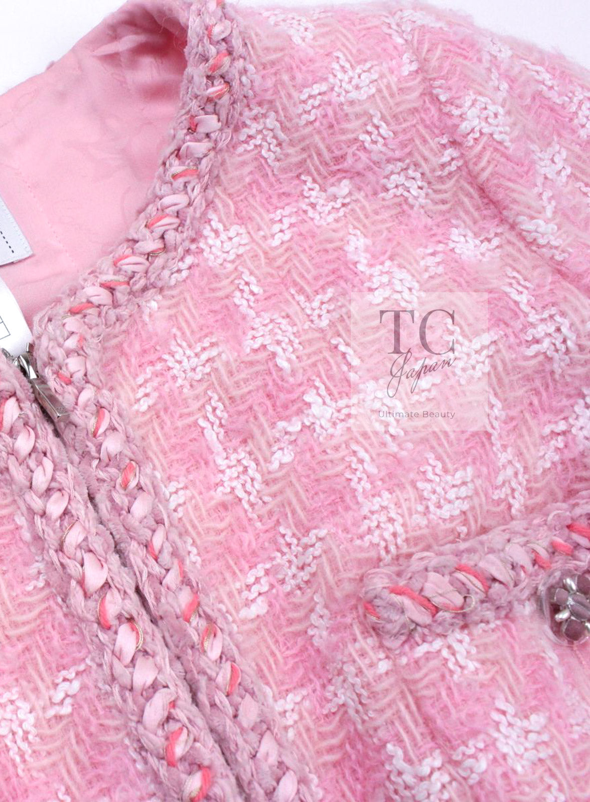 CHANEL 14A Pink White Wool Mohair Zipper Collarless Tweed Jacket 34 シャネル ピンク ホワイト ウール モヘア ジッパー ノーカラー ツイード ジャケット 即発