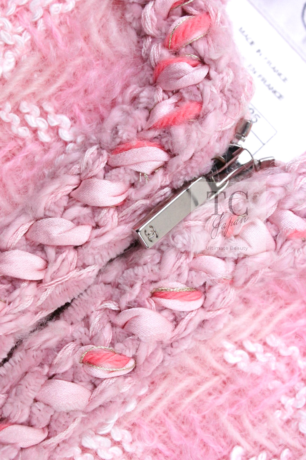 CHANEL 14A Pink White Wool Mohair Zipper Collarless Tweed Jacket 34 シャネル ピンク ホワイト ウール モヘア ジッパー ノーカラー ツイード ジャケット 即発