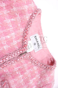 CHANEL 14A Pink White Wool Mohair Zipper Collarless Tweed Jacket 34 シャネル ピンク ホワイト ウール モヘア ジッパー ノーカラー ツイード ジャケット 即発