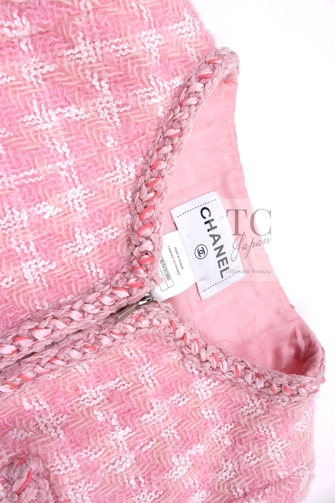 CHANEL 14A Pink White Wool Mohair Zipper Collarless Tweed Jacket 34 シャネル ピンク ホワイト ウール モヘア ジッパー ノーカラー ツイード ジャケット 即発