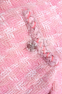 CHANEL 14A Pink White Wool Mohair Zipper Collarless Tweed Jacket 34 シャネル ピンク ホワイト ウール モヘア ジッパー ノーカラー ツイード ジャケット 即発