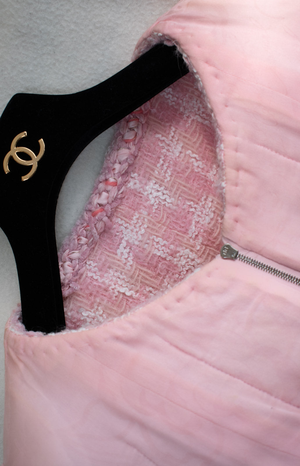 CHANEL 14A Pink White Wool Mohair Zipper Collarless Tweed Jacket 34 シャネル ピンク ホワイト ウール モヘア ジッパー ノーカラー ツイード ジャケット 即発