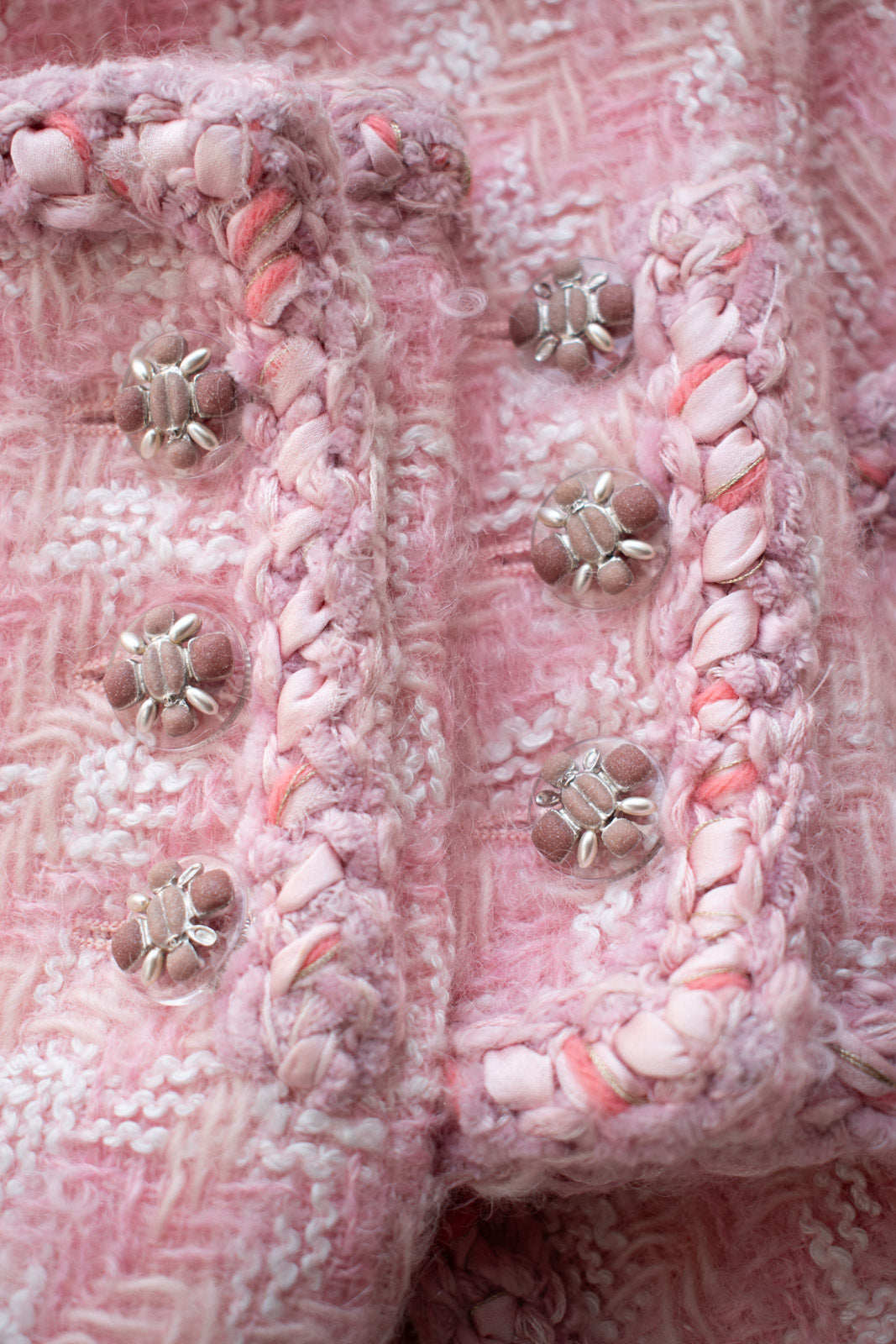 CHANEL 14A Pink White Wool Mohair Zipper Collarless Tweed Jacket 34 シャネル ピンク ホワイト ウール モヘア ジッパー ノーカラー ツイード ジャケット 即発