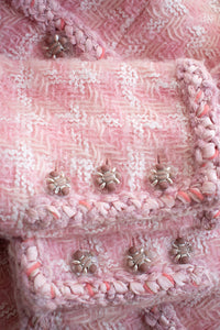 CHANEL 14A Pink White Wool Mohair Zipper Collarless Tweed Jacket 34 シャネル ピンク ホワイト ウール モヘア ジッパー ノーカラー ツイード ジャケット 即発