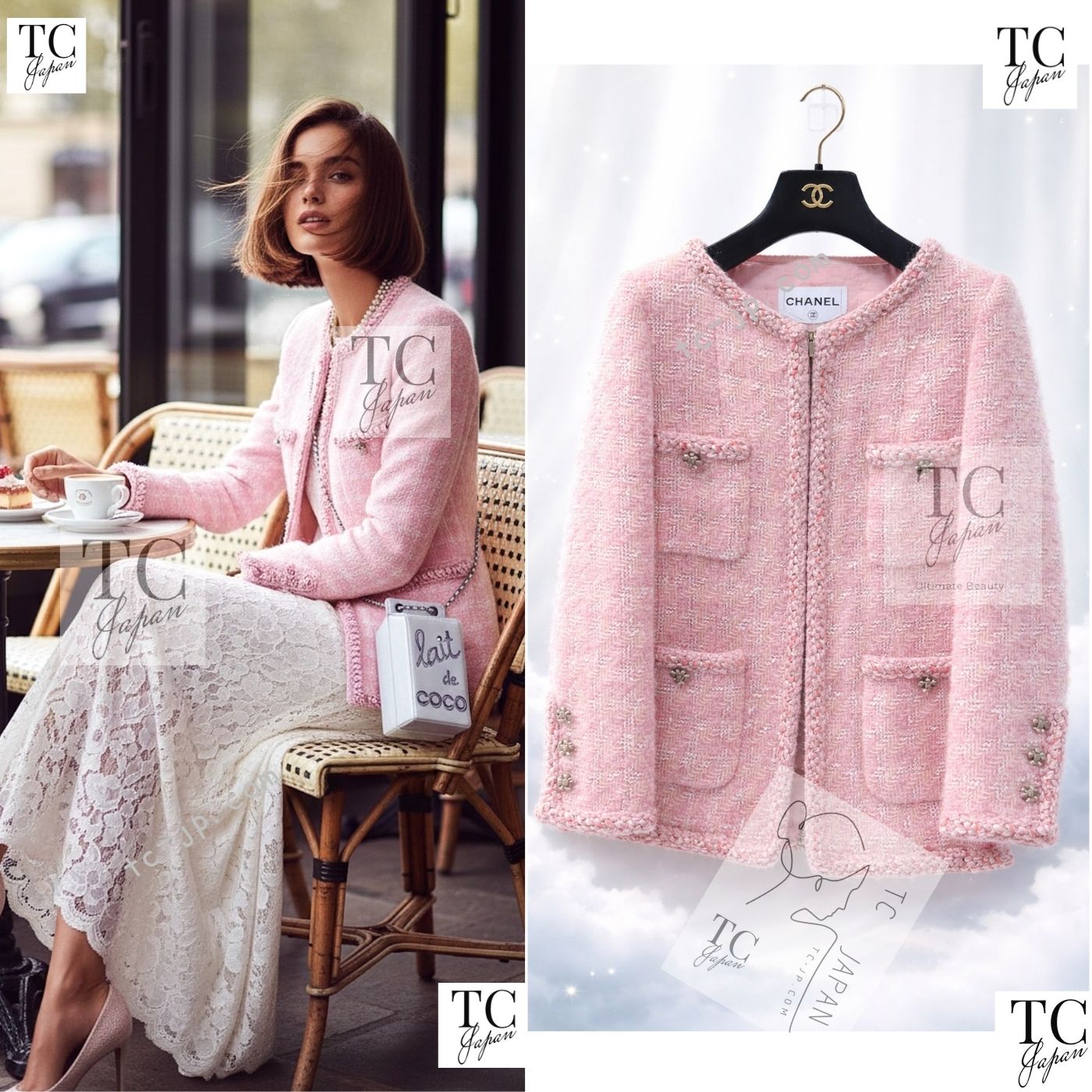 CHANEL 14A Pink White Wool Mohair Zipper Collarless Tweed Jacket 34 シャネル ピンク ホワイト ウール モヘア ジッパー ノーカラー ツイード ジャケット 即発