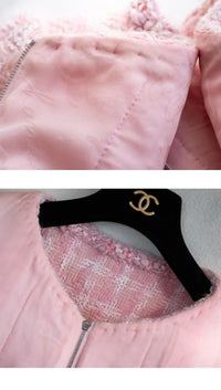 CHANEL 14A Pink White Wool Mohair Zipper Collarless Tweed Jacket 34 シャネル ピンク ホワイト ウール モヘア ジッパー ノーカラー ツイード ジャケット 即発