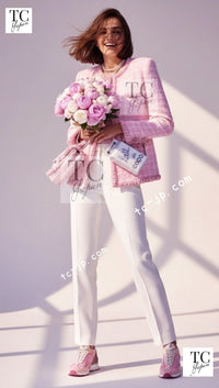 CHANEL 14A Pink White Wool Mohair Zipper Collarless Tweed Jacket 34 シャネル ピンク ホワイト ウール モヘア ジッパー ノーカラー ツイード ジャケット 即発
